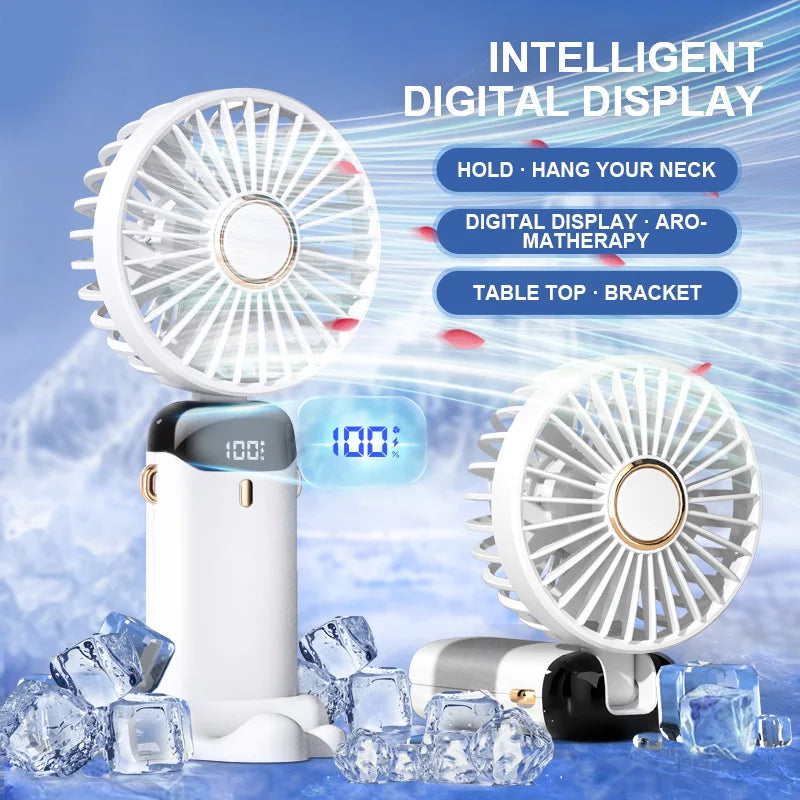Electric Handheld Fan Portable Mini Fan Foldable Neck Hanging Fans 5 Speed USB Rechargeable Fan with LED Display Screen 1800Mah
