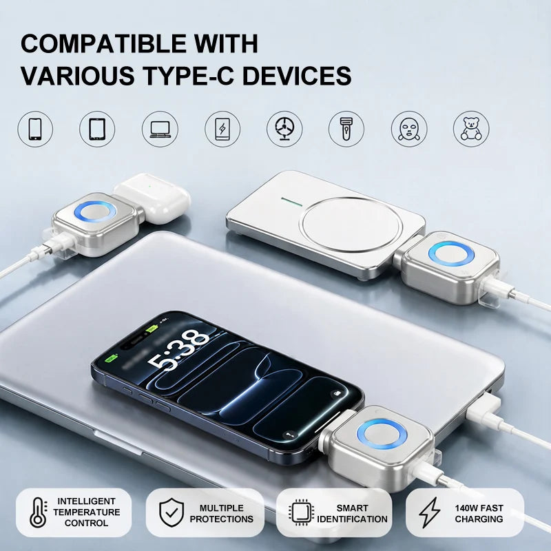 Experience Lightning-Fast Charging with the Smart Auto-Disconnect Charger Adapter - 140W Power with AI Detection for Safe Overcharge Protection