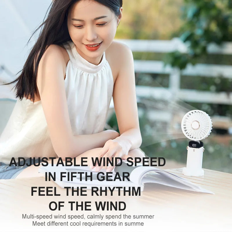 Electric Handheld Fan Portable Mini Fan Foldable Neck Hanging Fans 5 Speed USB Rechargeable Fan with LED Display Screen 1800Mah