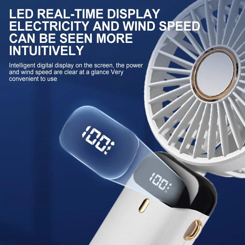 Electric Handheld Fan Portable Mini Fan Foldable Neck Hanging Fans 5 Speed USB Rechargeable Fan with LED Display Screen 1800Mah