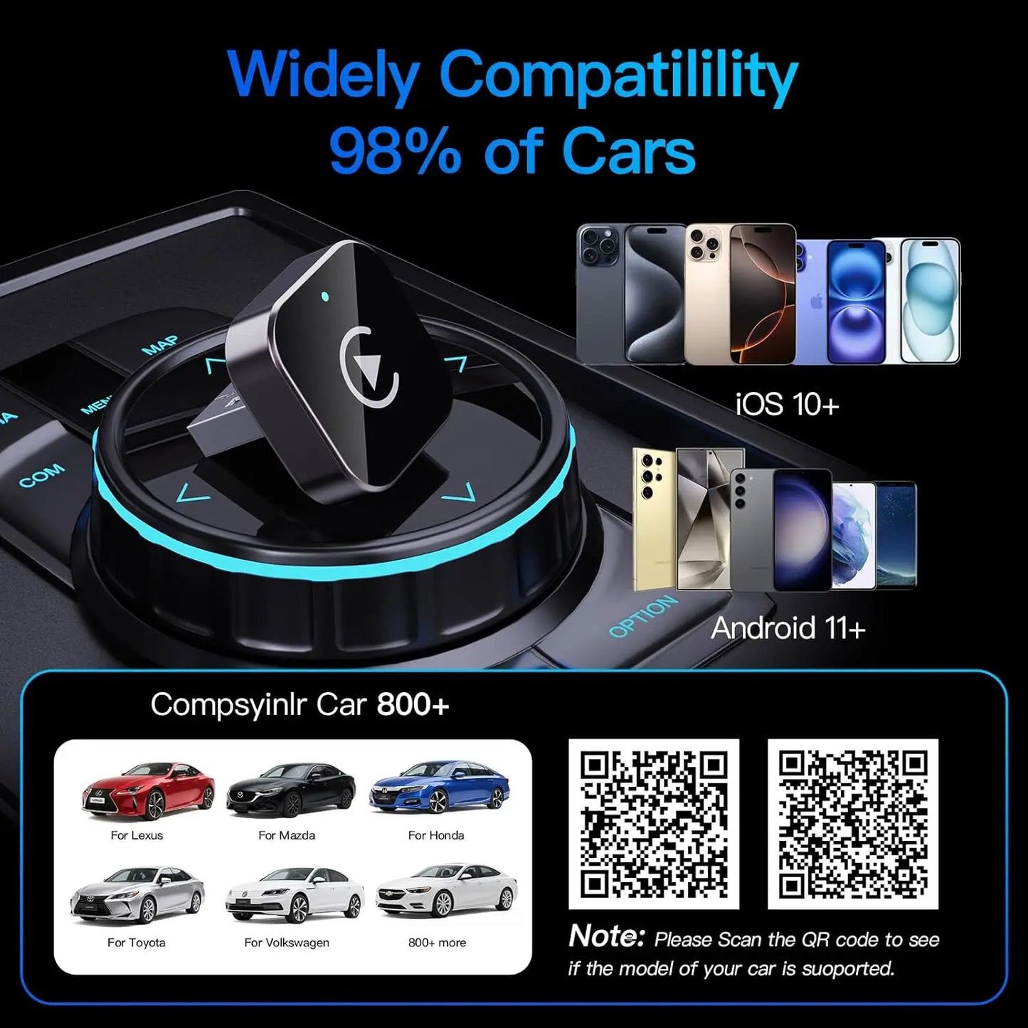 Experience Seamless Connectivity with the 2026 Upgraded Wireless Carplay Adapter for Apple iPhone & Android - Compact, Plug and Play, Fast and Reliable!