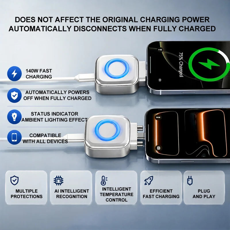 Experience Lightning-Fast Charging with the Smart Auto-Disconnect Charger Adapter - 140W Power with AI Detection for Safe Overcharge Protection